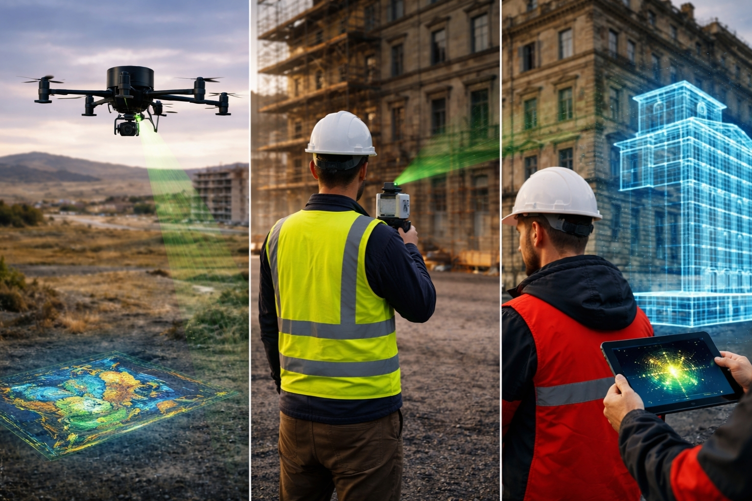 Tres imágenes diferenciando las distintas tecnologías LiDAR que existen para el escaneo 3d