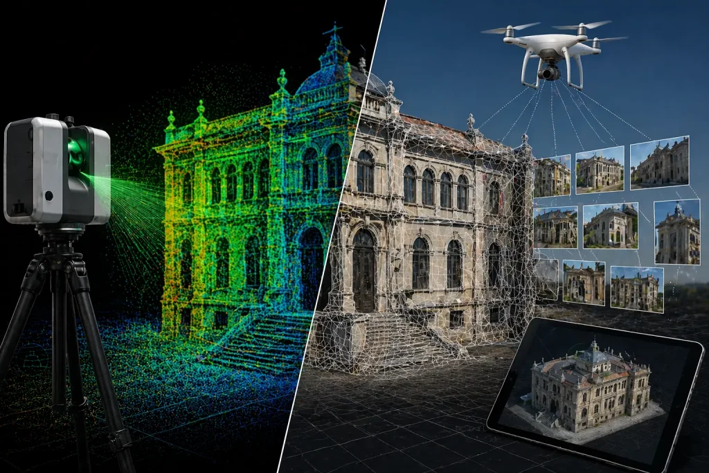 sistema de escaneado con fotogrametria en comparación con la tecnologia LiDAR