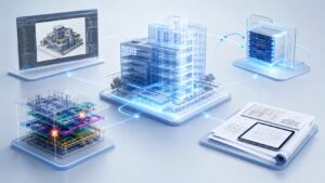 Modelo BIM de edificio conectado con archivos RVT, IFC, NWC y planos PDF para coordinación de proyectos.