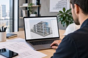 Profesional revisando un modelo BIM 3D de un edificio en un visor IFC desde un ordenador portátil.