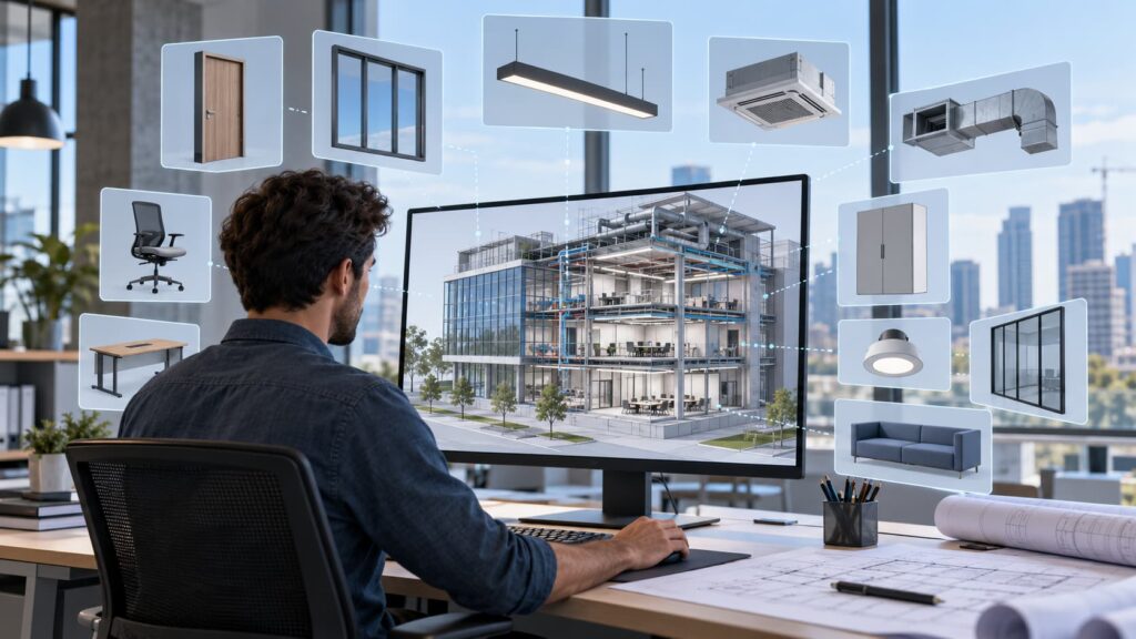 Familias BIM en Revit aplicadas a un modelo arquitectónico con componentes paramétricos